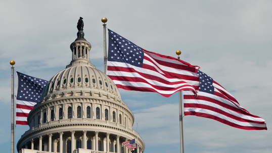 building and amercian flag