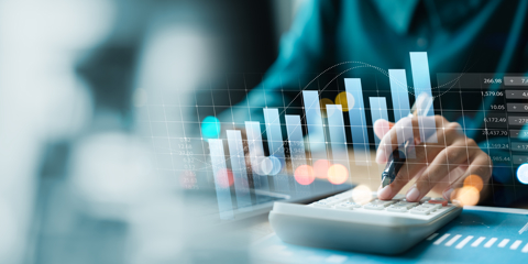 Businesswoman use laptop and calculator analyzing company growth, future business growth arrow graph, development to achieve goals, business outlook, financial data for long term investment.