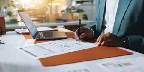 Signature, documents and business person hands for financial review, budget and company audit.