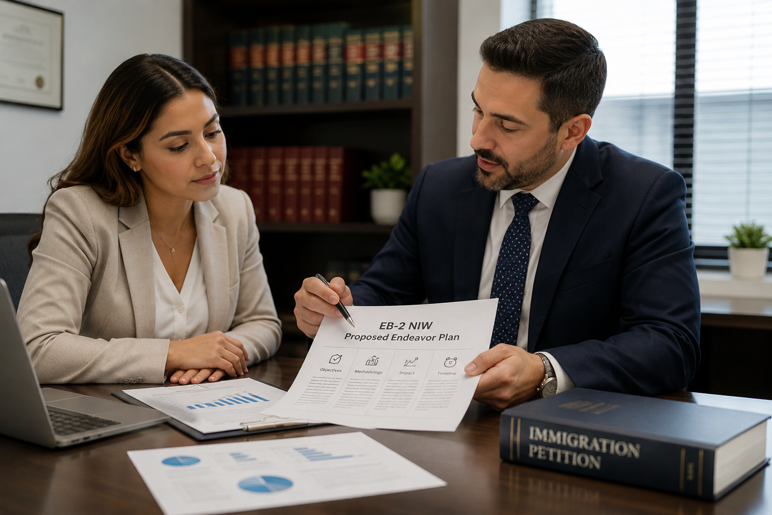 Immigration attorney reviewing an EB-2 NIW petition with a client