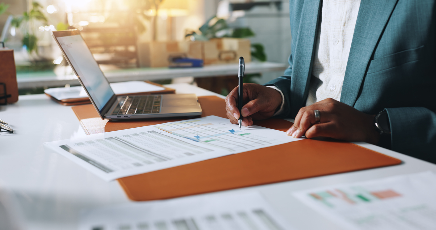 Signature, documents and business person hands for financial review, budget and company audit.