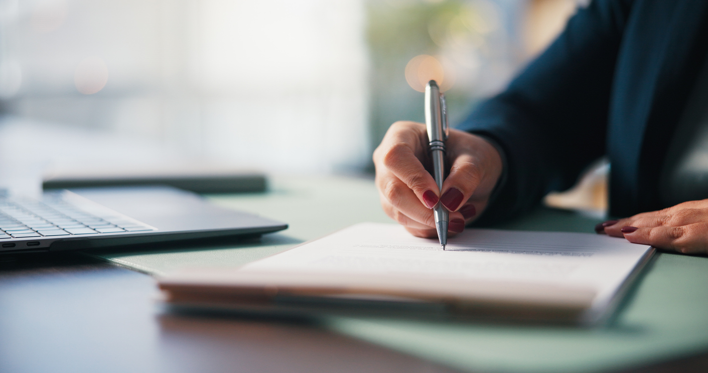 Office, approval and hands with document, signing and employee with terms or investment opportunity. Business, accountant and person with legal paperwork, table and agreement for financial records