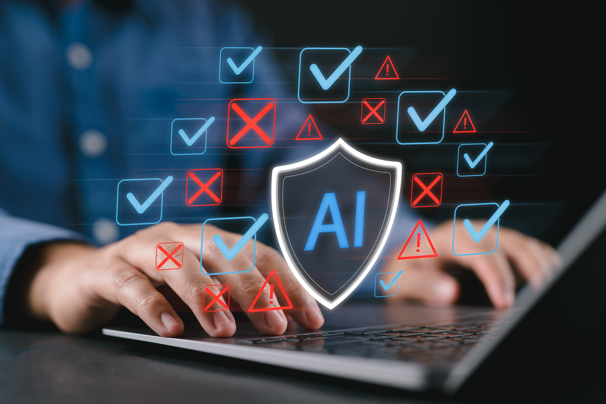 AI risk management and ethics safety concept with checklist and alert icons floating over laptop as businessman ensures responsible artificial intelligence system through compliance and validation
